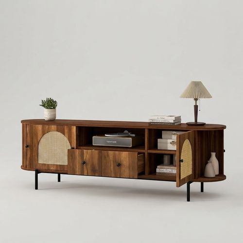 Rattan Arched-Door TV Stand in Walnut