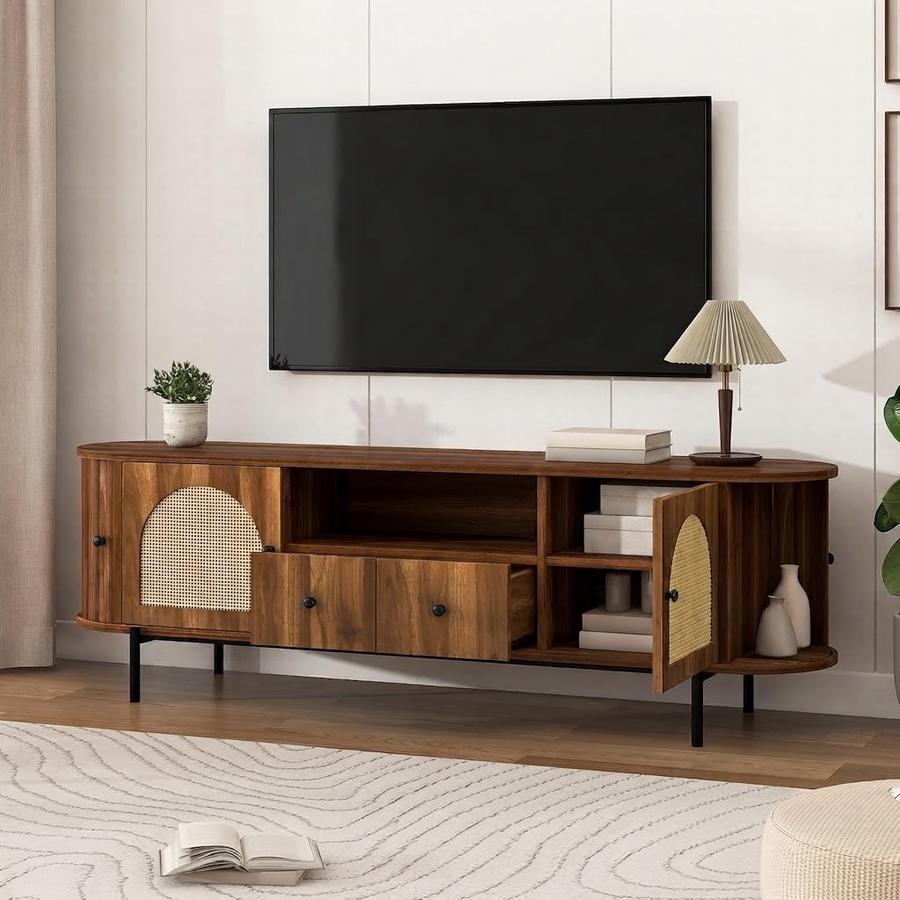 Rattan Arched-Door TV Stand in Walnut